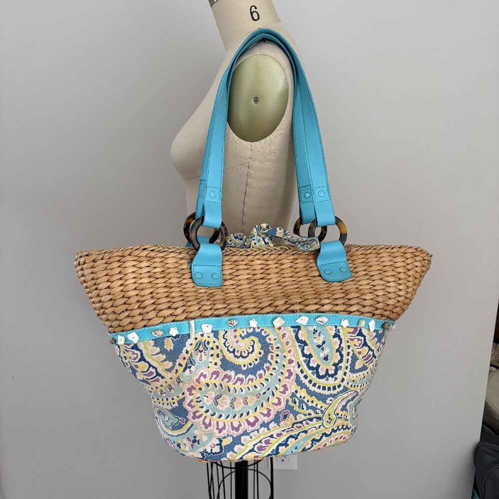 Vera Bradley Capri Blue Paisley Woven Straw Shell Beach Coastal Cottagecore Tote